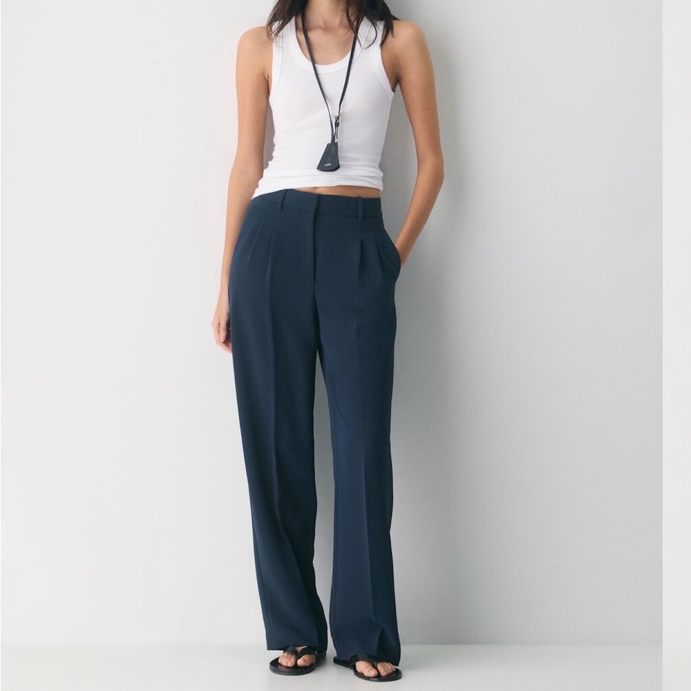 Aritzia Vintage Navy Wide-Leg Pleated Trousers